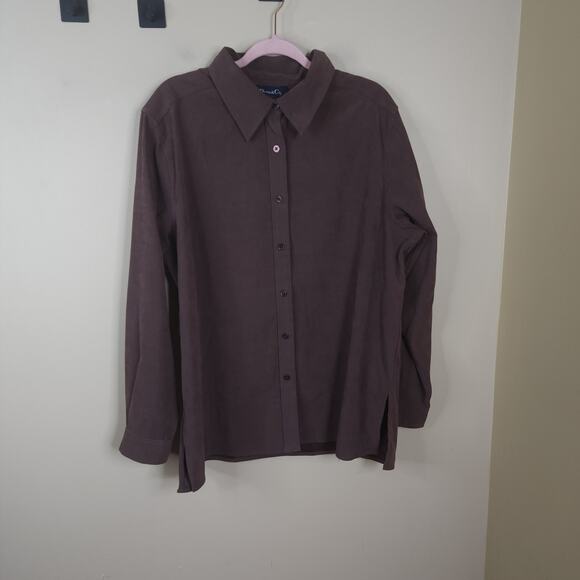 Denim & Co. Collared Shirt with Side Slits in Brown Size L - Picture 1 of 9